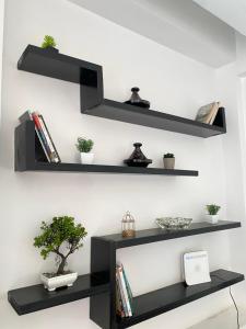 a black shelf on a wall with books and plants at Lovely 2 bedroom apartment in Rabat