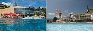 two pictures of a pool with a man jumping in the water at Lassacher Biobauernhof in Mariapfarr