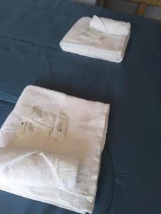 two white towels sitting on top of a bed at Alojamiento Loft céntrico in Esperanza