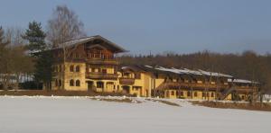 uma casa grande na neve ao lado de um campo em Ante Romantikhof em Bromskirchen
