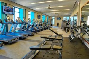 a gym with rows of treadmills and machines at Beautiful Getaway Near Venice in Los Angeles