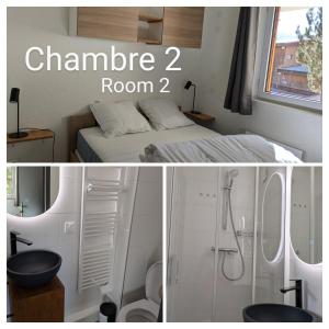 a bedroom with a bed and a bathroom with a shower at Meije 11 a1 in Les Deux Alpes +18 photos