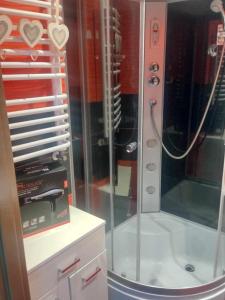 a shower with a glass enclosure in a room at Apartament Komfort in Przemyśl +27 photos