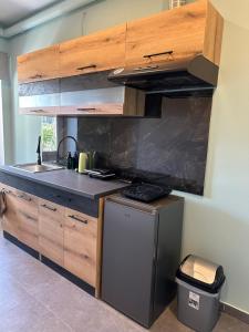 a kitchen with a sink and a stove top oven at Christina Apartment in Drama