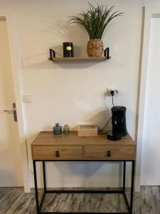 a wooden table with a plant on a wall at Le Cosy Green - centre-ville in Sélestat +2 photos