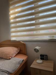 Un dormitorio con una cama y una ventana con una lámpara. en Apartman Kutak, en Šipovo