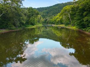 a river with a reflection of trees in the water at Hot Tub, Deck, Grill, Fire Pit, Game Room & WiFi in Great Cacapon