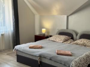 ein Schlafzimmer mit einem Bett, auf dem zwei Handtücher liegen in der Unterkunft Сідус in Schidnyzja