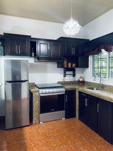 a kitchen with black cabinets and a stainless steel refrigerator at Casa de Wen in Santa Rita