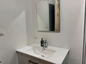 a bathroom with a white sink and a mirror at ღ Pertuis - Au cœur de Saintes, Spacieux & Cosy in Saintes +13 photos