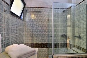 a bathroom with a shower with a glass door at Niriides Luxury Apartments in Syvota