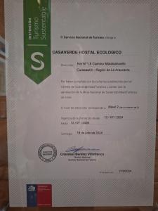 Certifikát, hodnocení, plakát nebo jiný dokument vystavený v ubytování CasaVerde Hostal Ecologico