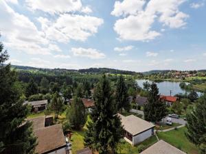 an aerial view of a town with a lake at Bavarian Hideaway for Families in Waldkirchen