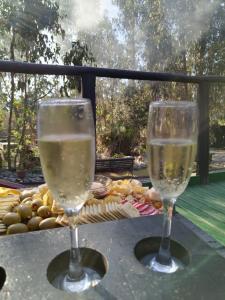 two glasses of white wine sitting on a table at Bosques de San José Lodge in Algarrobo
