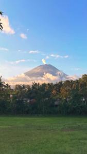 a mountain in the distance with a field and trees at Indah Damai Cottages in Sidomukti