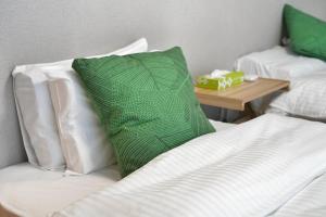 a green pillow sitting on top of a bed at ZJ301 Hanama301 The Skytree Residence A Newly Home by Tokyo Iconic Landmarks in Tokyo