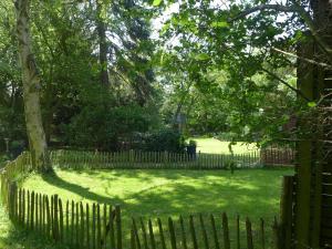 a wooden fence in a yard with a tree at Ferienhaus an der Buche "Gartenblick" in Neue Tiefe Fehmarn