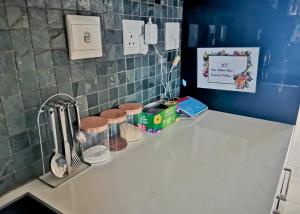 un comptoir de cuisine avec des ustensiles et un évier dans l'établissement Windhoek Kalahari Haven, à Windhoek 13 autres photos