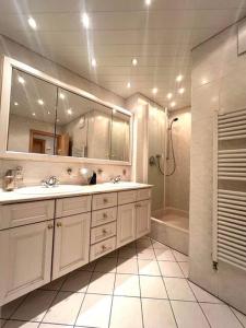 a white bathroom with a sink and a shower at LOFTI'S Alpin View Suite in Oberreute