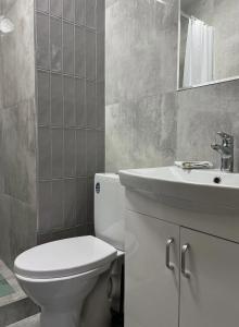 a bathroom with a white toilet and a sink at Vista apartment 4 in Choszczówka +11 photos