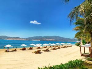 ニャチャンにあるYour Sea Home Nha Trangのビーチに置かれた椅子とパラソルの群れ