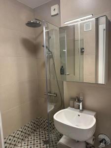 a bathroom with a sink and a shower at Sofo house in Sofia +22 photos
