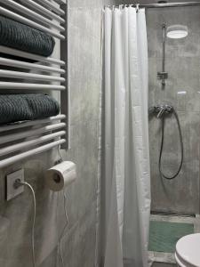 Un baño con cortina de ducha y un inodoro. en Vista apartment2, en Choszczówka