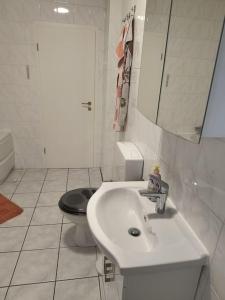 a white bathroom with a toilet and a sink at Haus in der Jemmeritzer Heide in Kalbe