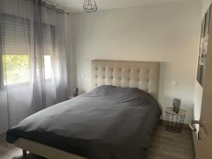 a bedroom with a large bed in a room with a window at Maison à la campagne en chanvre in La Chevillotte