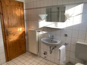 a bathroom with a sink and a mirror and a toilet at Ferienhäuser Weitblick in Gilten