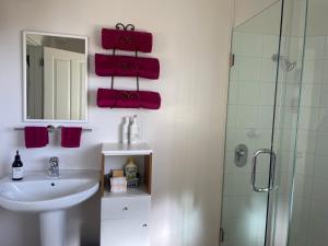 a bathroom with a sink and a shower with purple towels at Citrus Grove in Nelson