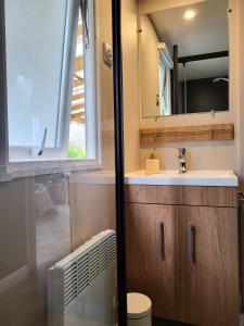 a bathroom with a sink and a mirror at Mobil home gamme luxe 6 personnes camping 5 étoiles in Saint-Georges-dʼOléron