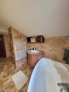 a bathroom with a tub and a sink at Apartament 'Siwy Dom' in Chełmiec +4 photos