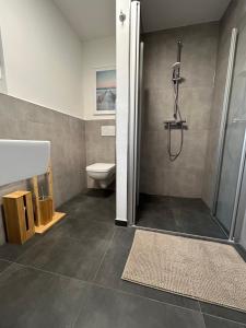 un bagno con doccia e WC di Ferienresort - idyllisches Ferienhaus mit Privatstrand und Sauna in der Nähe von Leipzig #HausEni a Löbnitz Altre 32 foto