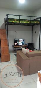 Una sala de estar con un sofá y un televisor. en Posada LA MARRU, en Paraguarí