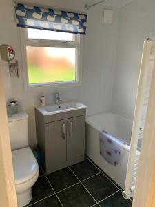 a bathroom with a toilet and a sink and a window at Chalet 24 in Seaton