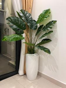 a plant in a white vase sitting on the floor at Vinhome Grand Park Homestay-ZEN Garden House in Long Bình