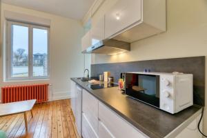 una cucina con forno a microonde sopra un bancone di Emma Mignon F2 proche de la gare a Rouen Altre 17 foto