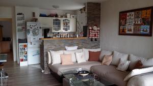 a living room with a couch and a brick wall at Apartment Face Aux Pistes in Gréolières les Neiges