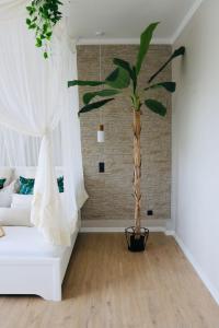 a palm tree in a living room with a white couch at WellTime PrivateSpa in Heiligenhaus