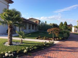a house with a palm tree and a brick driveway at Agriturismo La Torretta in Pescantina