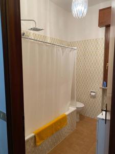 a bathroom with a shower curtain and a toilet at Green House Caldiero in Caldiero +13 photos