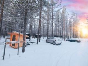 a car parked in the snow next to a forest at Lapelland Village - Riverside Village with a Nature View, Fireplace, Sauna, Kitchen in Äkäslompolo