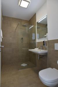 a bathroom with a shower and a toilet and a sink at Guesthouse Lichtenau in Nußloch