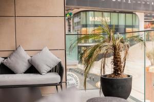 a palm tree in a pot next to a couch at The Londoner Hotel St. Julian's in St. Julianʼs