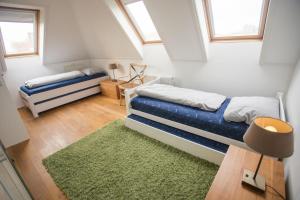 a bedroom with two beds and a green rug at Weidevilla 14 auf Ameland in Hollum