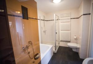 a bathroom with a shower and a tub and a toilet at Weidevilla 16 in Hollum +33 photos