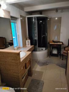 a bathroom with a shower and a sink and a shower at Domek Kutowa in Kutowa +42 photos