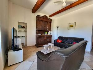 een woonkamer met een zwarte bank en een tv bij La Roche 8 in Aigues-Vives