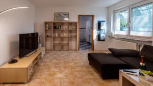 ein Wohnzimmer mit Couch und Fernseher in der Unterkunft Bernsteinbad Koserow - Haus Fünf Elemente Ferienwohnung Feuer in Ostseebad Koserow